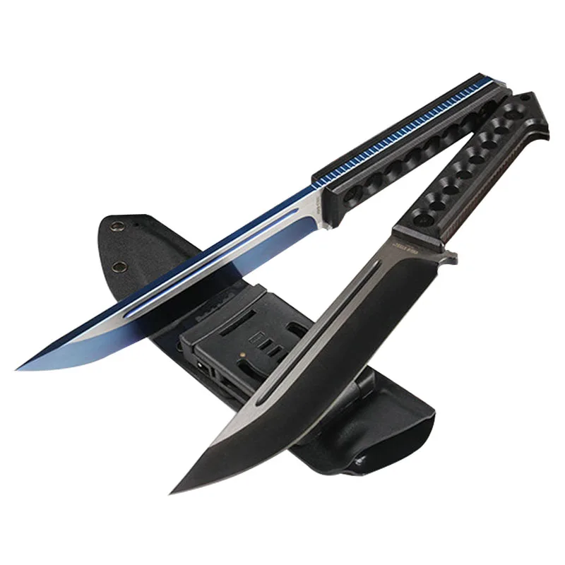 

ToughKeng Cold Steel Black Titanium, Blue Titanium Fixed Blade Knife D2 Steel Blade Military Hunting Knives