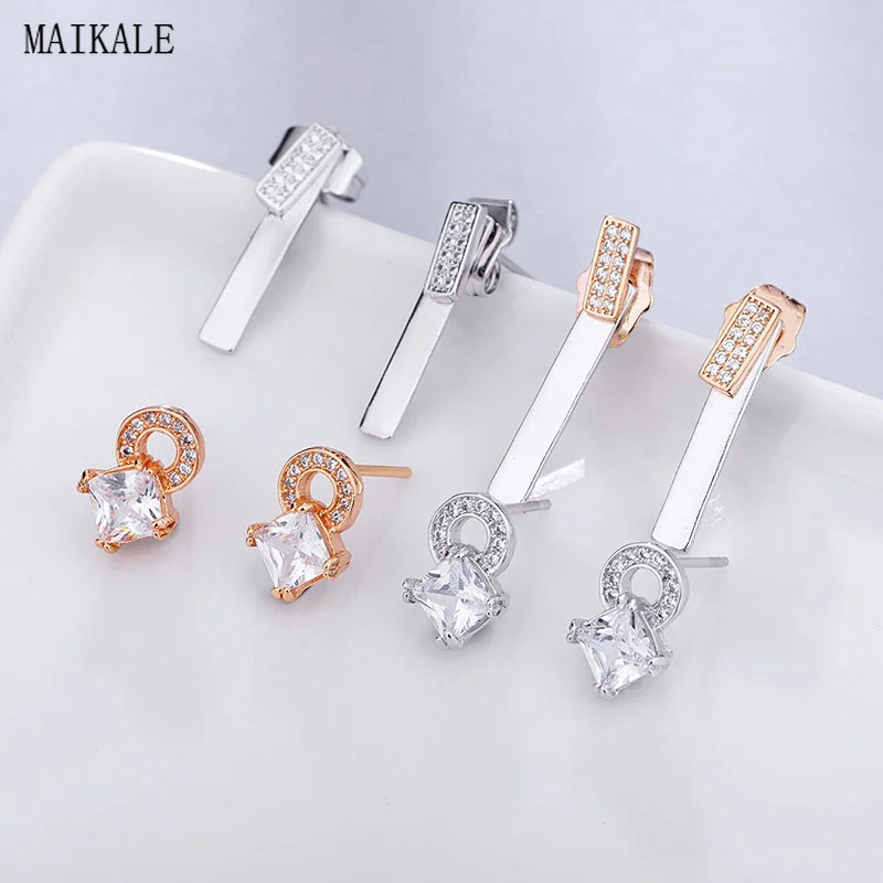 

MAIKALE Charm Round Stud Earrings Cubic Zirconia Copper Gold Silver Strip Small Earings for Women Korean Earring Fashion Gift
