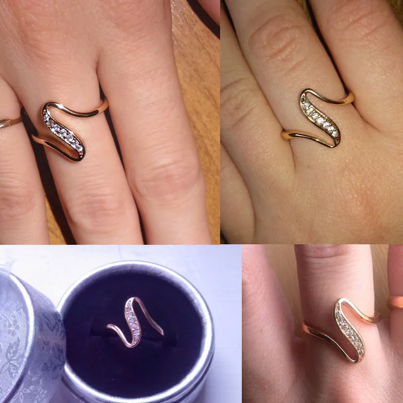 GULICX X SHape Snake Curve Rings Unique Gold-color Ring White Crystal CZ Zirconia Engagement Rings for Women Jewelry R103
