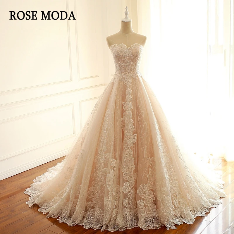 Rose Moda Luxury Blush Pink Wedding Dress French Lace Wedding