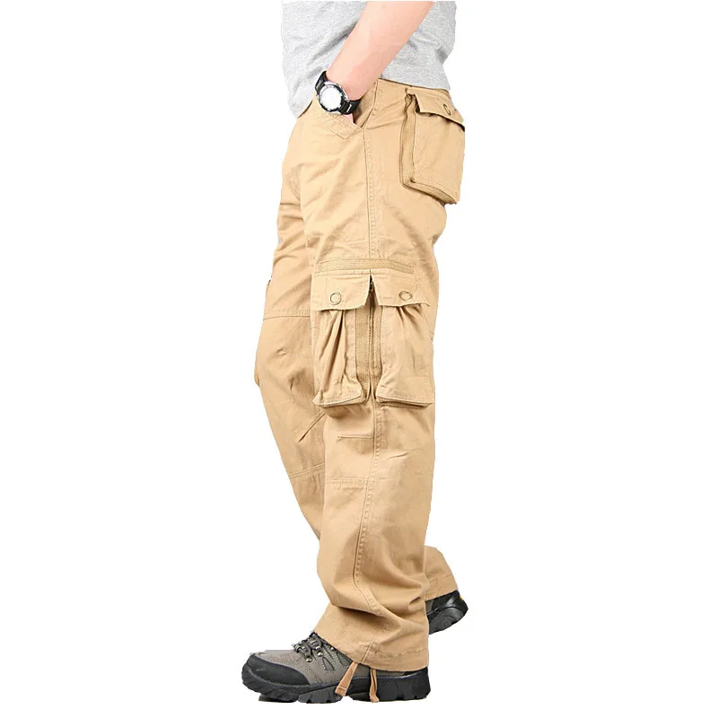 Мужские брюки карго, хлопковые повседневные длинные брюки, новинка, большие размеры, мульти карманы, панталоны, мужские Модные Военные тактические брюки для мужчин - Цвет: Khaki