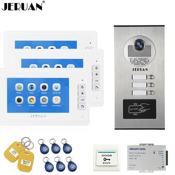 

JERUAN 7 inch Video Doorbell Record Intercom system RFID Access Entry Security Kit For 3 Apartment Camera to 3 Household monitor