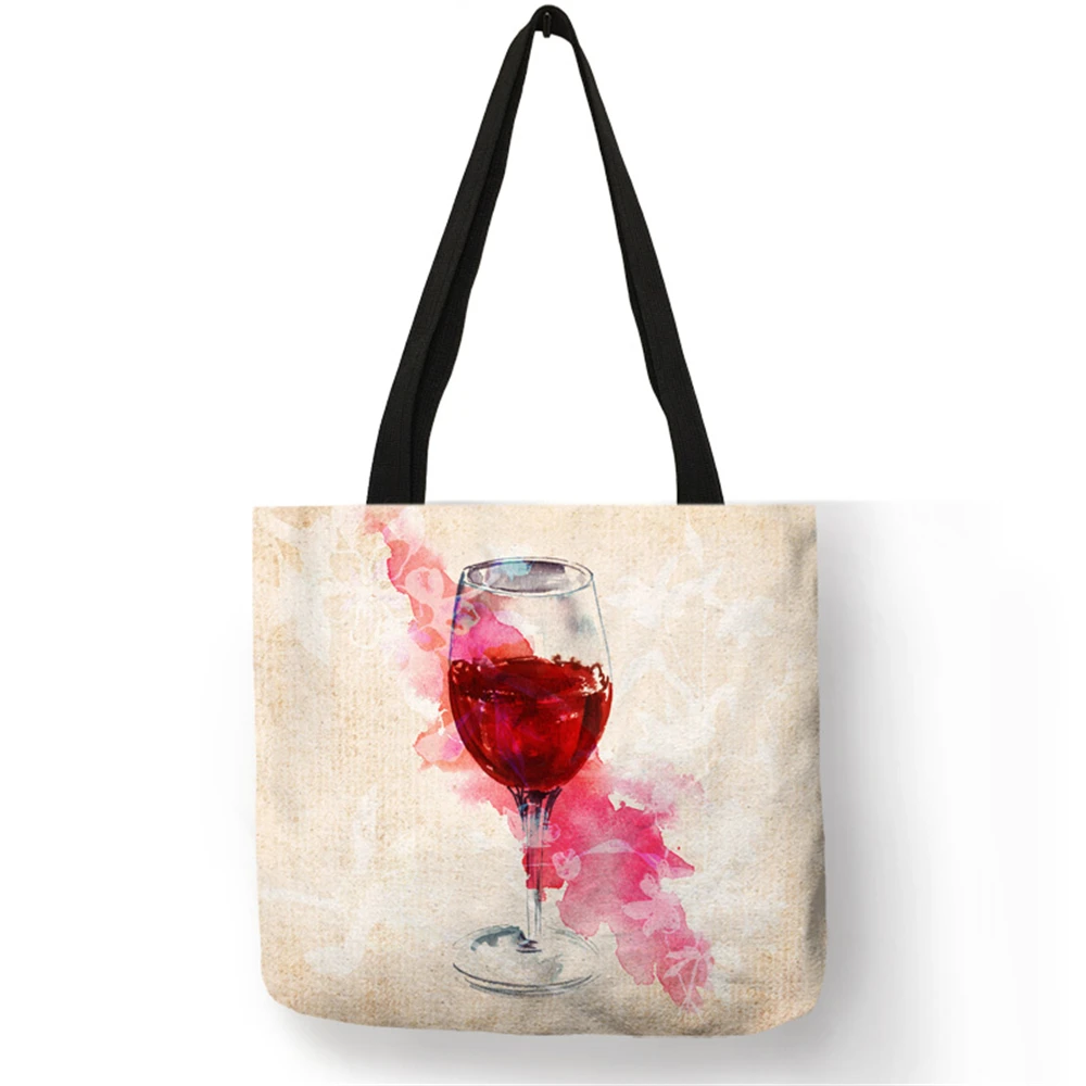  Red Wine Cup Art Painting Tote Bags Women Lady Reusable Shopping Bags Customize Linen bag With Prin - 32910300811