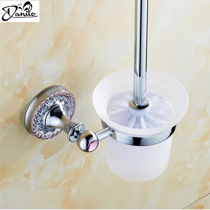Luxury Wall Mounted Stainless Steel& Crystal Toilet Brush Holder+ Glass