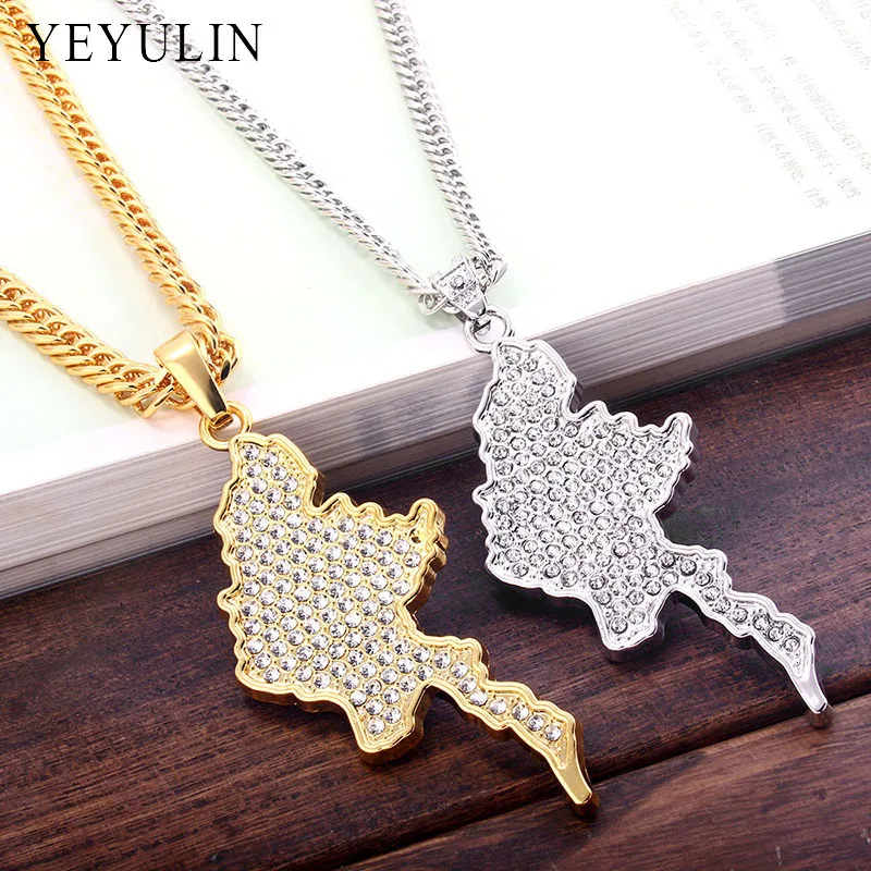 

High Quality Gold Silver Color Alloy Map Crystal Pendant Statement Necklace For Men Trendy Jewelry Gift