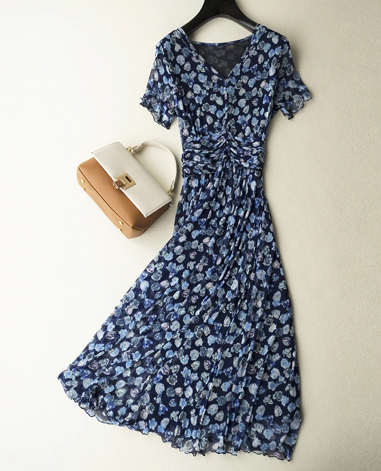 Летнее женское платье Шелковое платье Натуральный шелк Высококачественное шелковое тонкое двухслойное платье Китайское платье с коротким рукавом QDB103