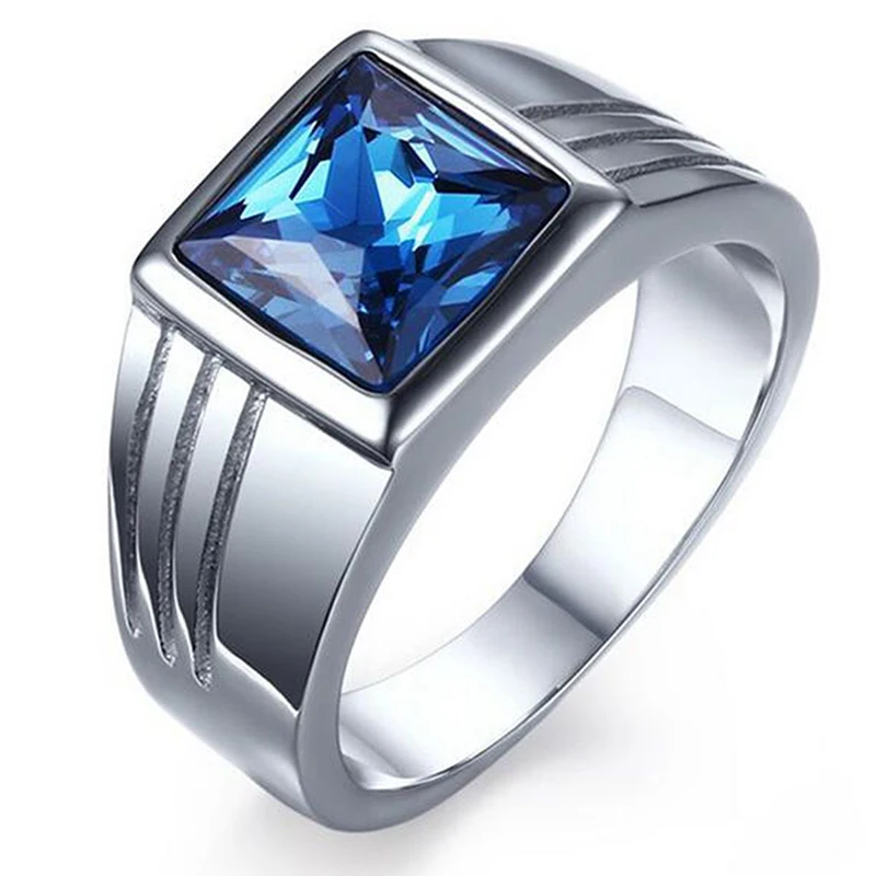 Trendy Promise Jewelry Anillo Men's Blue Stone Stainless Steel Rings for Men Fashion Wedding Engagement Ring Gift Bague Homme
