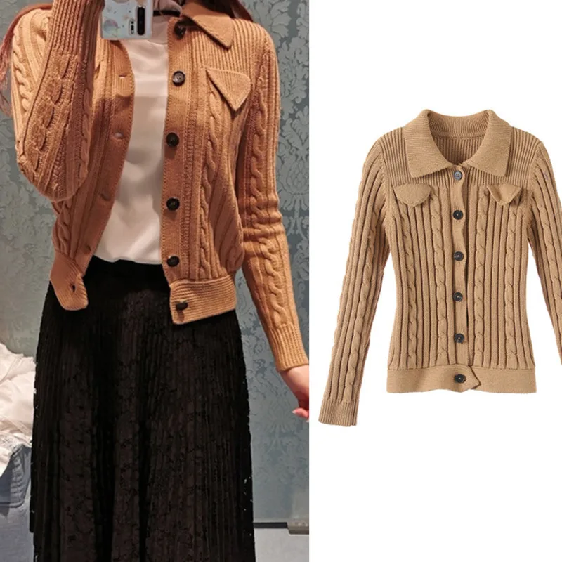 

[DEAT] 2019 Autumn New Fashion Women's High-quality Clothing Lapel Long Sleeved Single-breasted High-elastic Sweater WI295