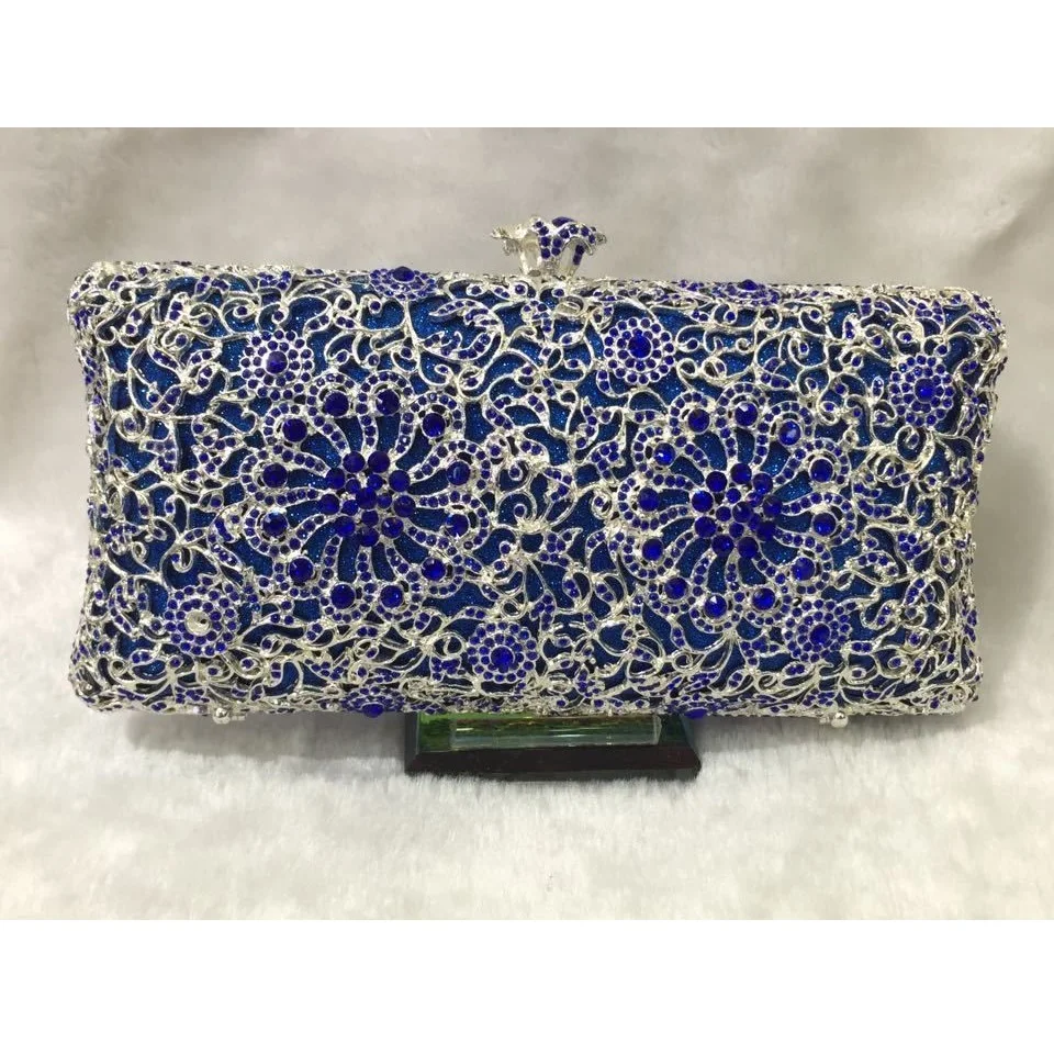 

2011 BLUE Crystal Floral Flower Fashion Bridal Party Metal Evening purse handbag clutch bag case box