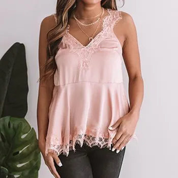 

Women Pink Sexy tank top Sleeveless V Neck Lace Sexy Vest Tops Fashion Party summer top Women Vests haut femme 2019 NEW