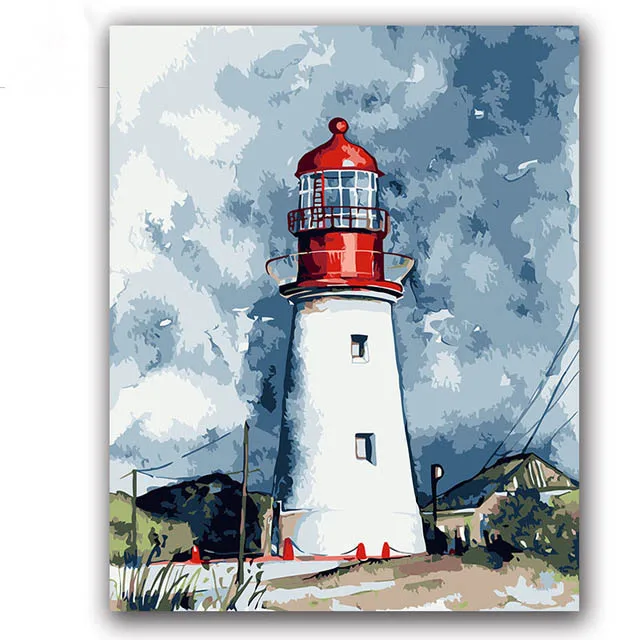 

Lighthouse Defend Picture Painting By Numbers Seascape Landscape building with kits package On Canvas Draw coloring by numbers