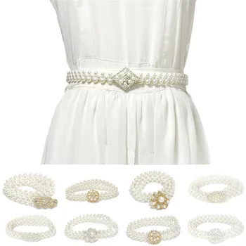 

Women Pearl Waist Chain Cummerbunds Elastic Rhinestone Decor Belt Girls Multi Style Match Dress Waistband For Female 67cm