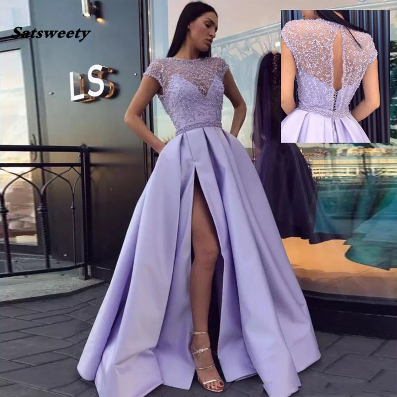 Lilac-Satin-Split-Side-Evening-Gowns-Beaded-Cap-Sleeves-Floor-Length-Formal-Women-Party-Dresses-Sexy