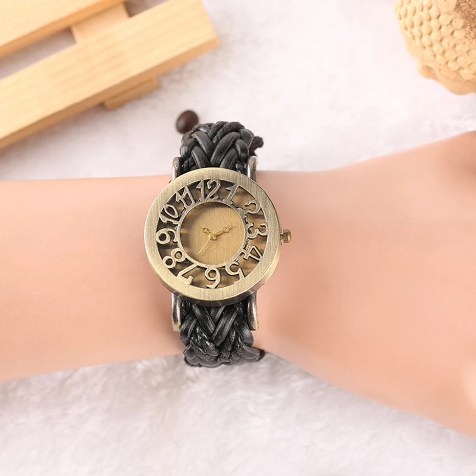 Bohemian Style Lady's Watches Handcraft Black Knitted Leather Watch Band Hollow Arabic Numerals Skeleton Casual  Bracelet Gift (15)