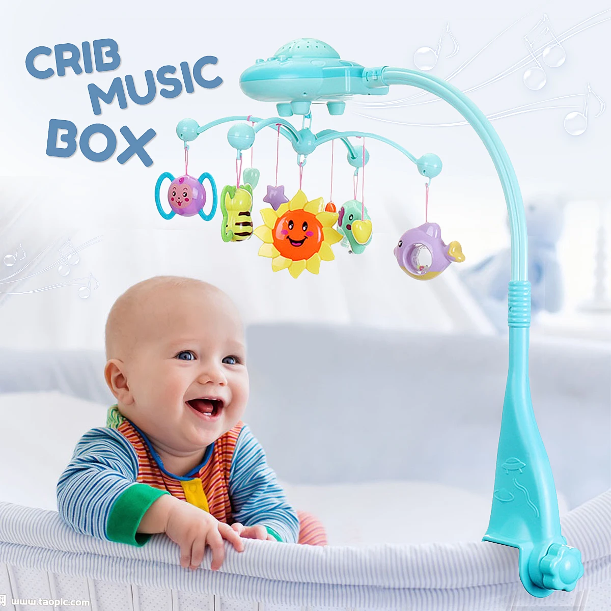 

Baby Bed Bell Toys Holder Arm Bracket Mobile Kids Cot Toy Stars Light Mobile Musical Cot Crib Rotary Music Box Projection Toy