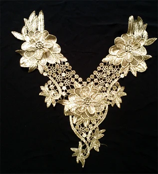 

2 Piece/Lot Gold Color Lace Embroidered Lace Trim Collar Flower Patch Stickers DIY Clothing Accessories Collar Fabric