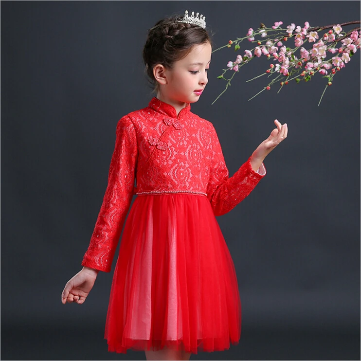 High Quality Girls Dress Chinese Style Long sleeve Lace Wedding Party