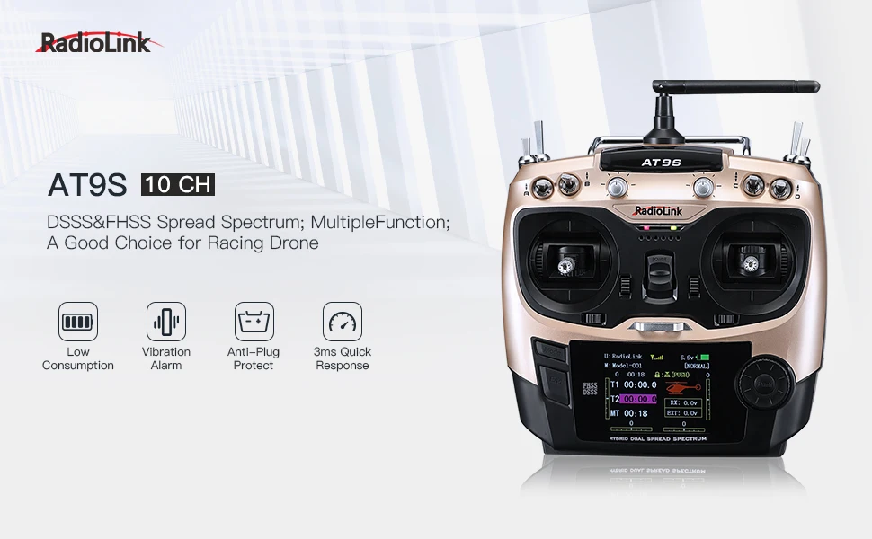 

Radiolink AT9S 10CH RC Transmitter and Receiver R9DS 2.4G FPV Radio Controller Kit for Racing Drone/Multicopter