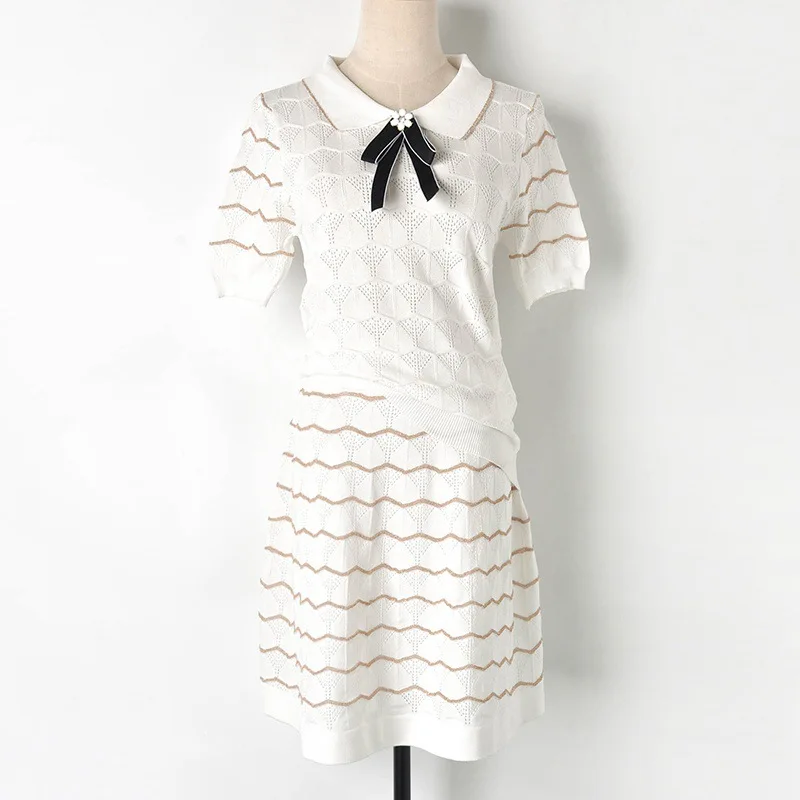 

Women Golden Striped Knit Pullover Tops + A-Line Skirt Sets Short Sleeve Bow Sweater Girls Student Knitted Hollow Out Skirt Suit