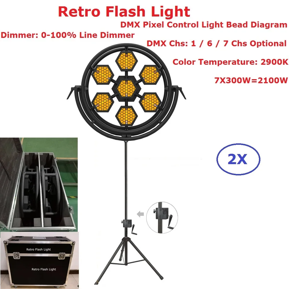 2XLot Flightcase Pack Stage Strobe Lights 7X300W Halogen Lamp Retro Flash Light Hexagon Or Round