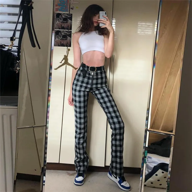 

New Autumn Winter Women Streetwear Retro Black Plaid Harajuku Punk Pants Trousers Zipper Casual High Waist Straight Pants SE16