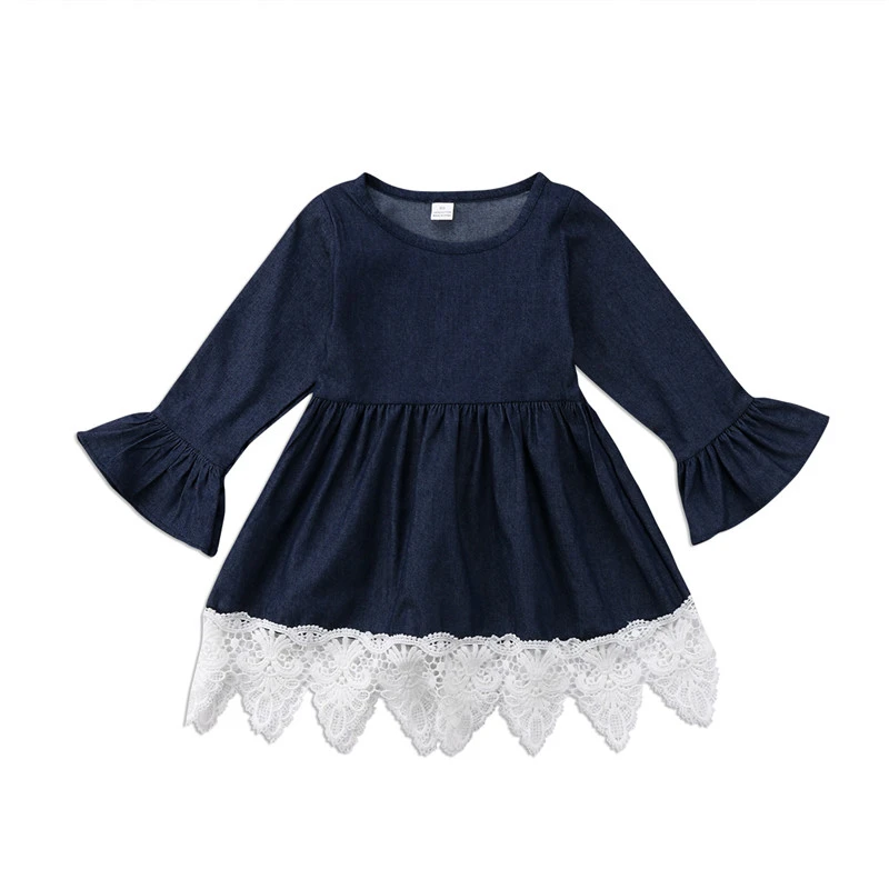 

pudcoco 1-7T Children Lovely Girls Denim Lace dress girls long sleeve Pageant Party fashiong bebe sundress dresses dress girl