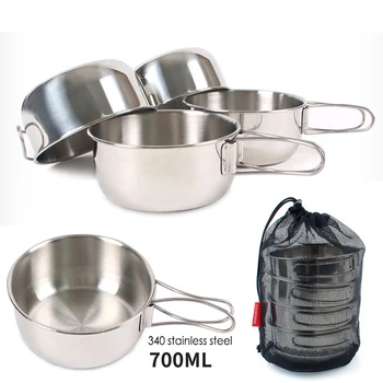 

Camping Outdoor Tableware Stainless Steel Bowls 700ml Folding Cooking Set Hiking Taveling Cookware With Net Bag Fit 4-6 People