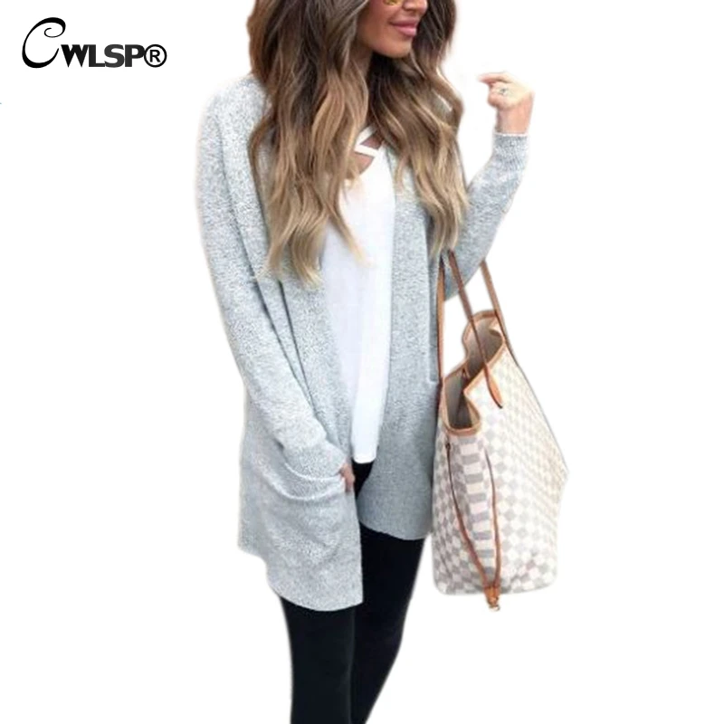 CWLSP Autumn Winter Knitted Sweater Women Long Sleeve Cardigan Casual Open Stitch outwears with Pockets Plus size 3XL QZ2355