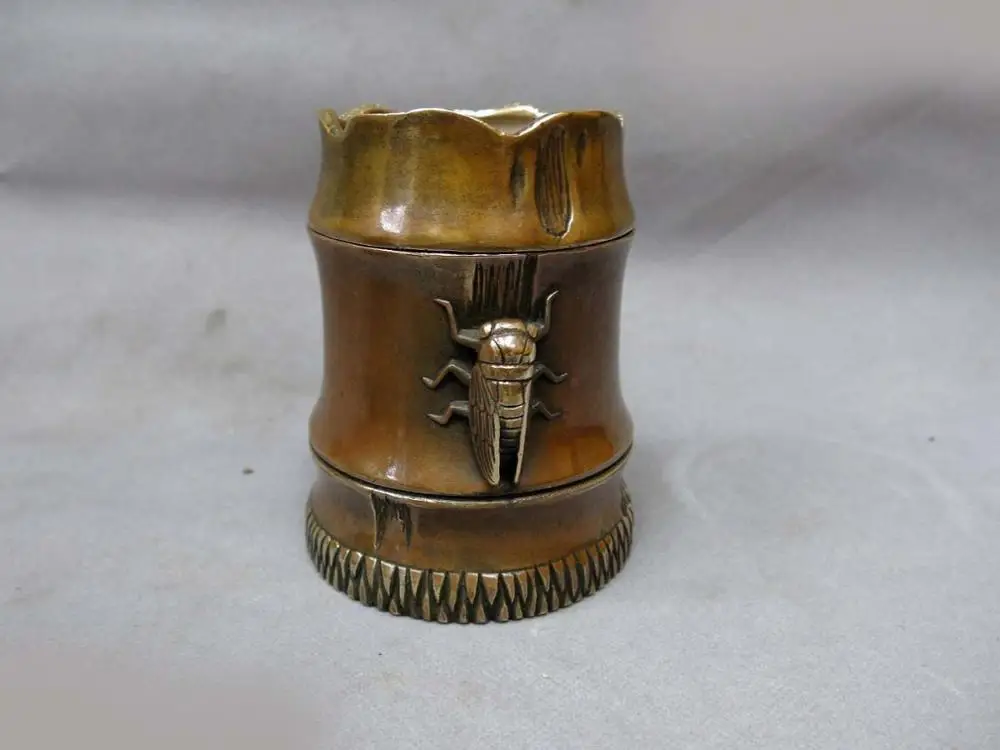 

DS China brass censer sculpture carved copper bamboo cicada Incense Burner Statue