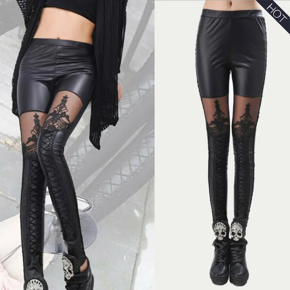 

Fashion Women's Wet Look Stretchy Pants Faux Leather Lace Patchwork See Through Skinny Leggings Pencil Trousers Casual Stylish