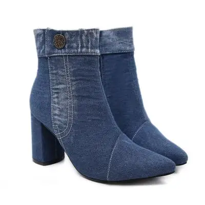 

2018 autumn and winter Europe and the United States new thick with boots short bare denim wild pointed women's boots