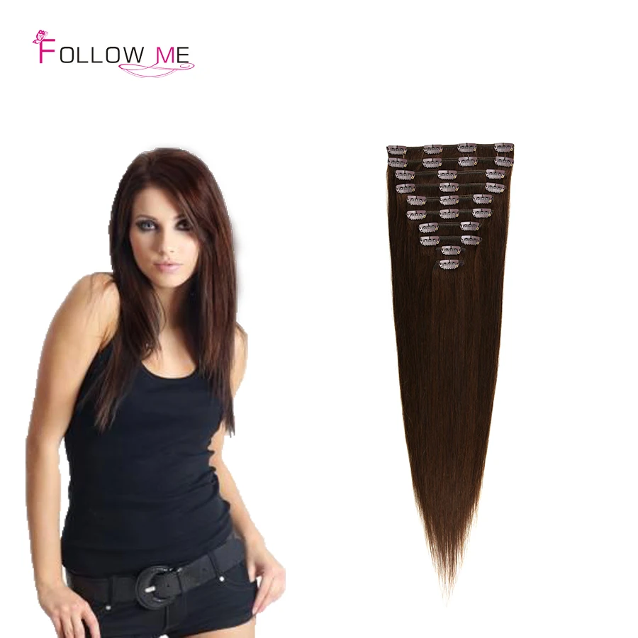 Thick Straight Clip in Human Hair Extensions Dark Brown