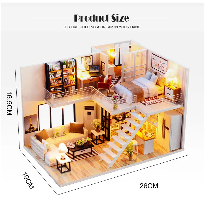 Casa em Miniatura com Móveis Blocos de Construção Brinquedos para Crianças Casa de Boneca Cutebee Faça Você Mesmo Música Poeira Capa Modelo J13 Led Mod. 261726 3 Arquitetura/Casa DIY/Miniaturas