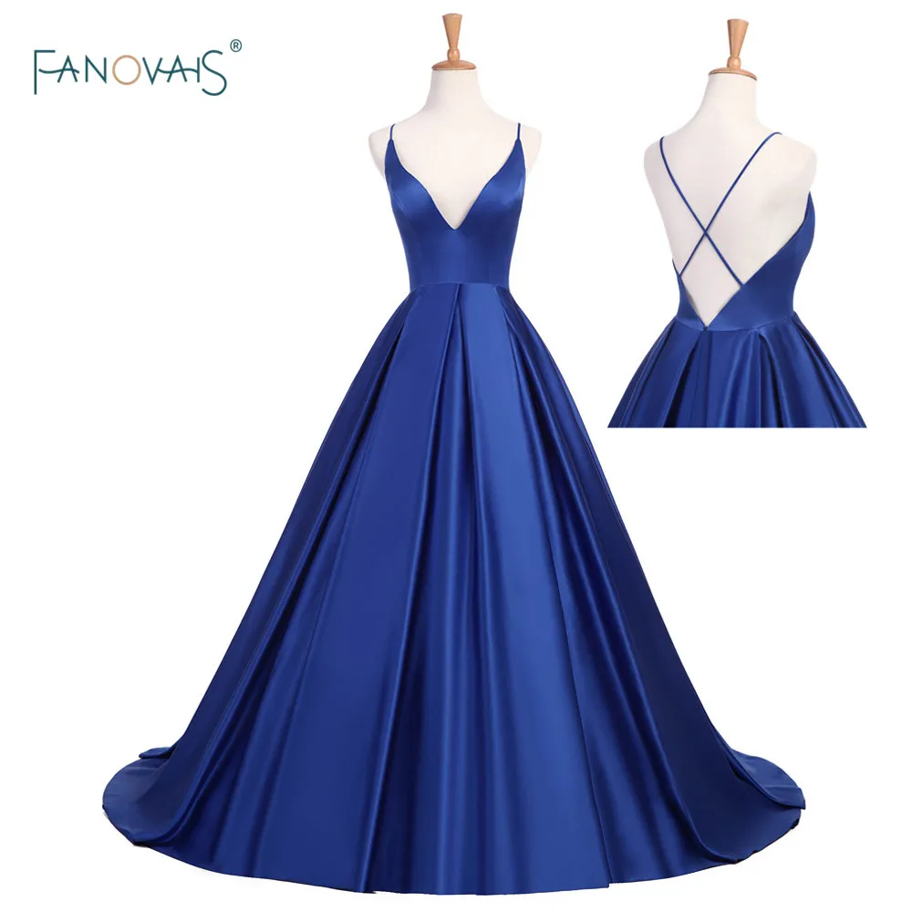 Fashion Royal Blue Evening Dress Long V-Neck Open Back Satin Prom Dress 2019 Evening Party Gown Robe de Soiree FN1