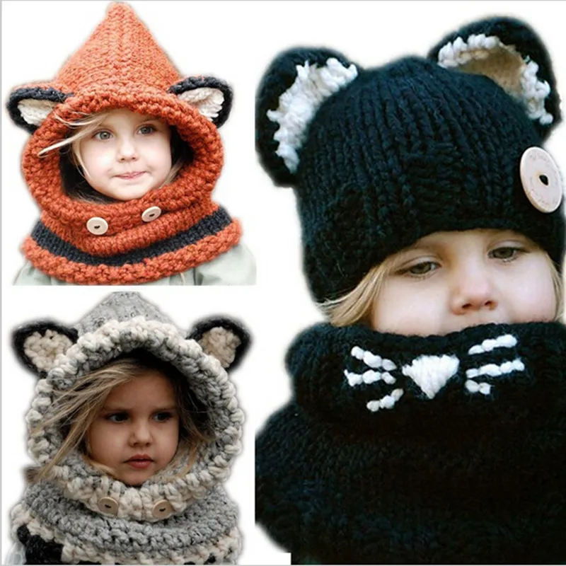 The New 2016 Baby Hats & Caps Cat Ear / Fox Kids Hats Shawl Winter Children Hats Handmade Knitted Baby Accessories