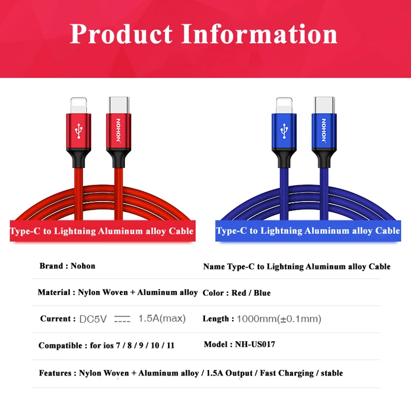 Nohon Cable Type-C to for Lightning For iPhone X 8 Plus 8P Phone Data Sync Fast Charging Cables Charge For iPhone 7 6S 6 Plus 5S Details (10)
