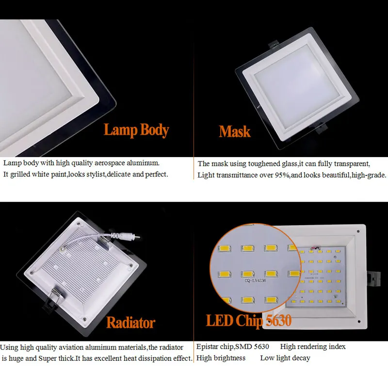 Светодиодный светильник с регулируемой яркостью, супер яркий стеклянный квадратный потолочный встраиваемый панельный светильник s SMD 5360 Светодиодный точечный светильник AC110V 220V