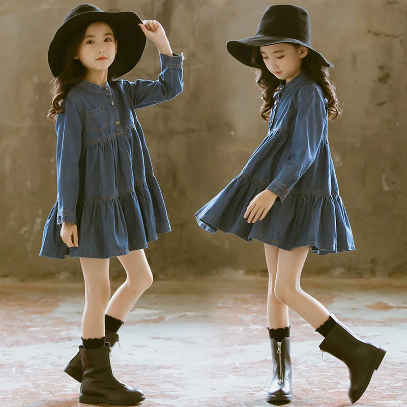 

New Girls Spring Fall Spliced Denim Dress Korean Children's Princess Long Sleeve Dresses 4-13 Yrs Old Kids Pleated One Piece B80