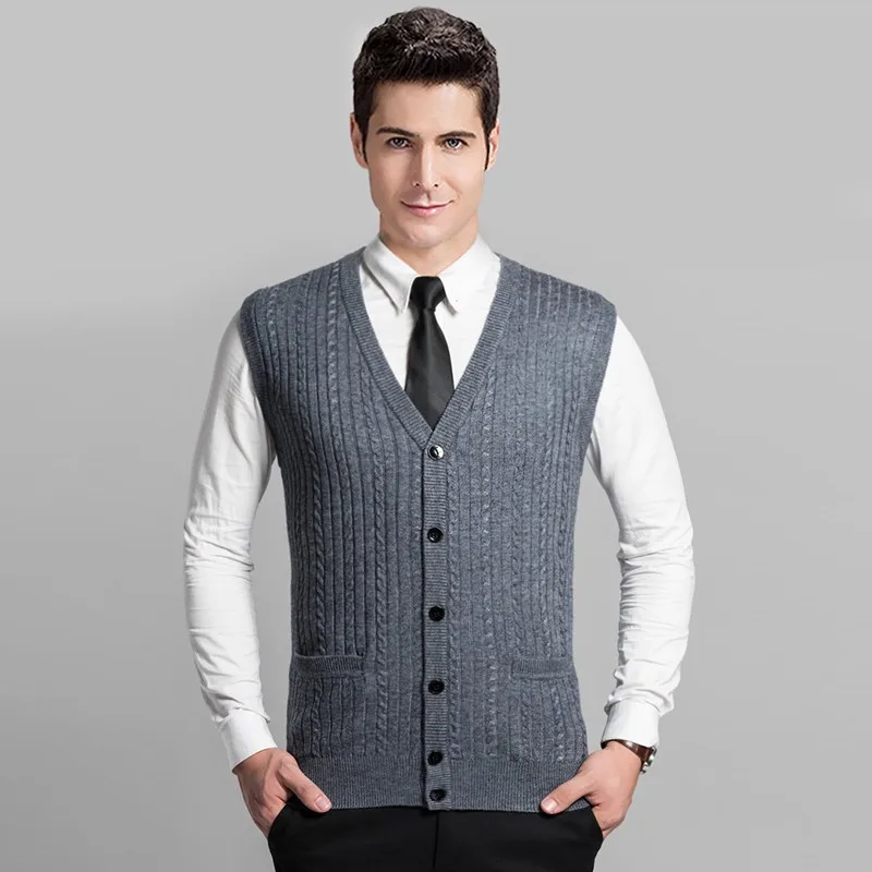 Высокое качество, модный мужской свитер с v-образным вырезом, кардиган с пуговицами и карманами
