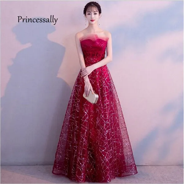 Новые винно-красные вечерные одежды с пайетками кружева без бретелек vestido de festa Longo Abiye Gece Elbisesi выпускное вечернее платье женское элегантное - Цвет: wine red long