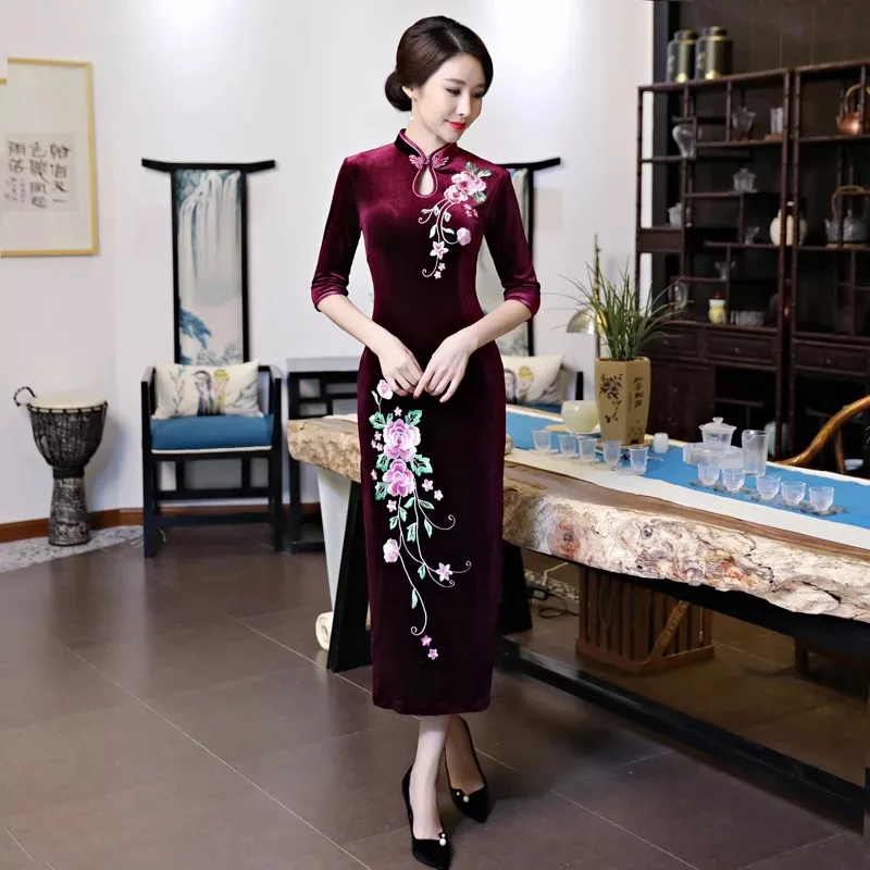 Вышивка бархат Qipao платья Plusi Размер 4XL велюровые Cheongsams платье Половина рукава женское традиционное китайское платье WX1055