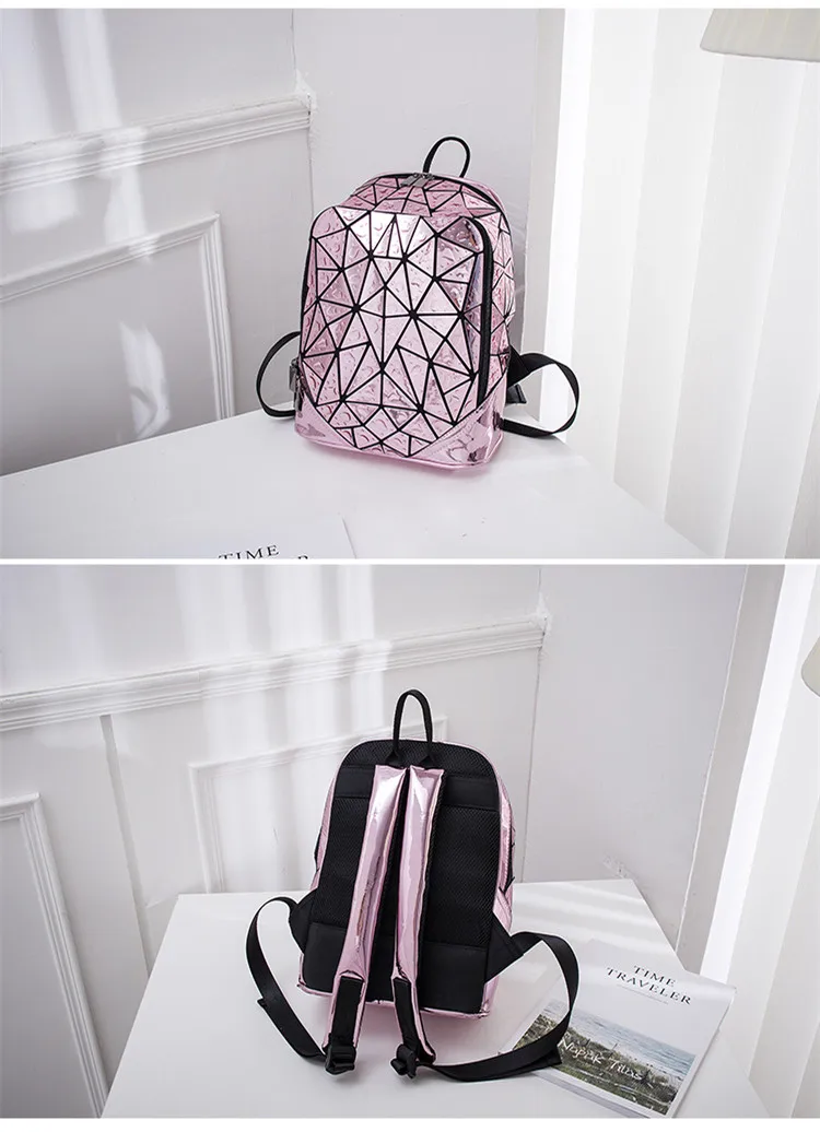 Лазерный голографический женский рюкзак для студентов, Геометрическая ромбовидная решетка, сумка для книг, Модный Блестящий ПВХ материал, дорожные сумки через плечо