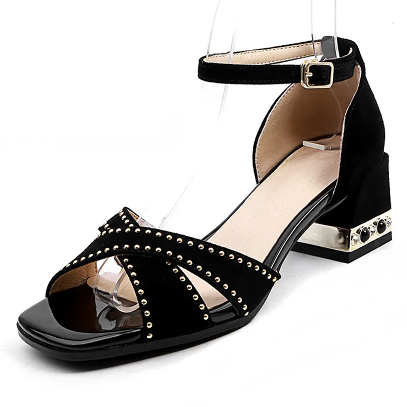 

34-42 Rivet Natural Suede Women Sandals Heels Big Size 2018 Women Summer Shoes 5.5 CM Sandals Women Top Quality