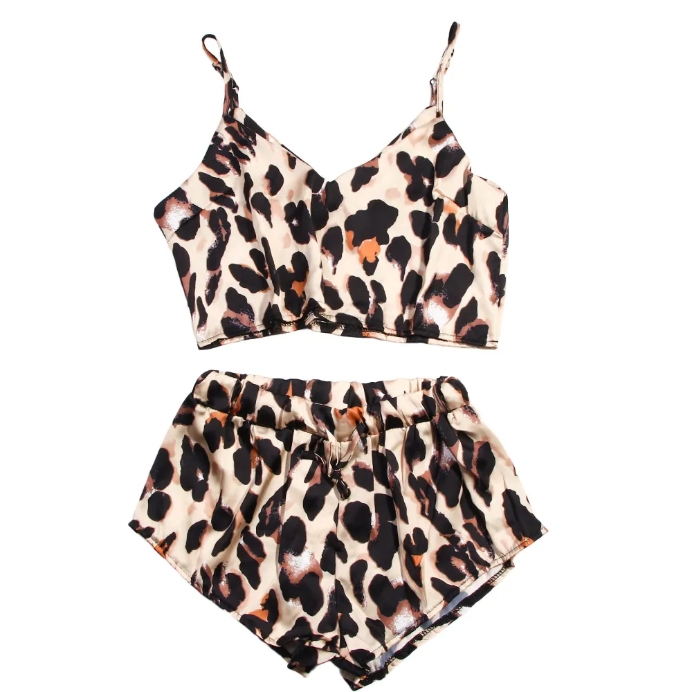 

2 Pcs/set Summer Sleeveless Pajamas Set Women Sexy Strap Shorts Sleepwear Leopard Print Pajama Sets