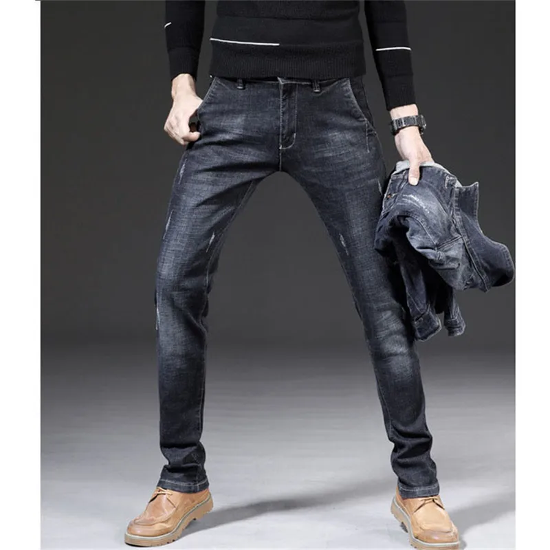 Модные мужские джинсы повседневные деловые тонкие прямые джинсы классические Стрейчевые потертые джинсовые брюки черные 28-38