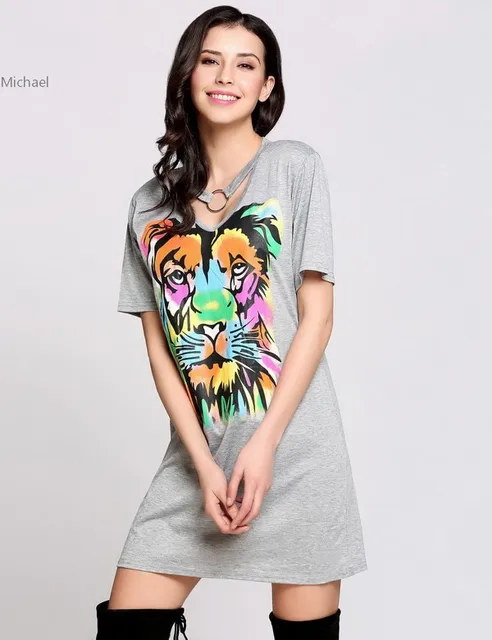 Fa 2017 Casual Women T Shirt Dress Short Sleeve V Neck Chocker Fa 2017 Casual Women T Shirt Dress Short Sleeve V Neck Chocker Animal Print Summer