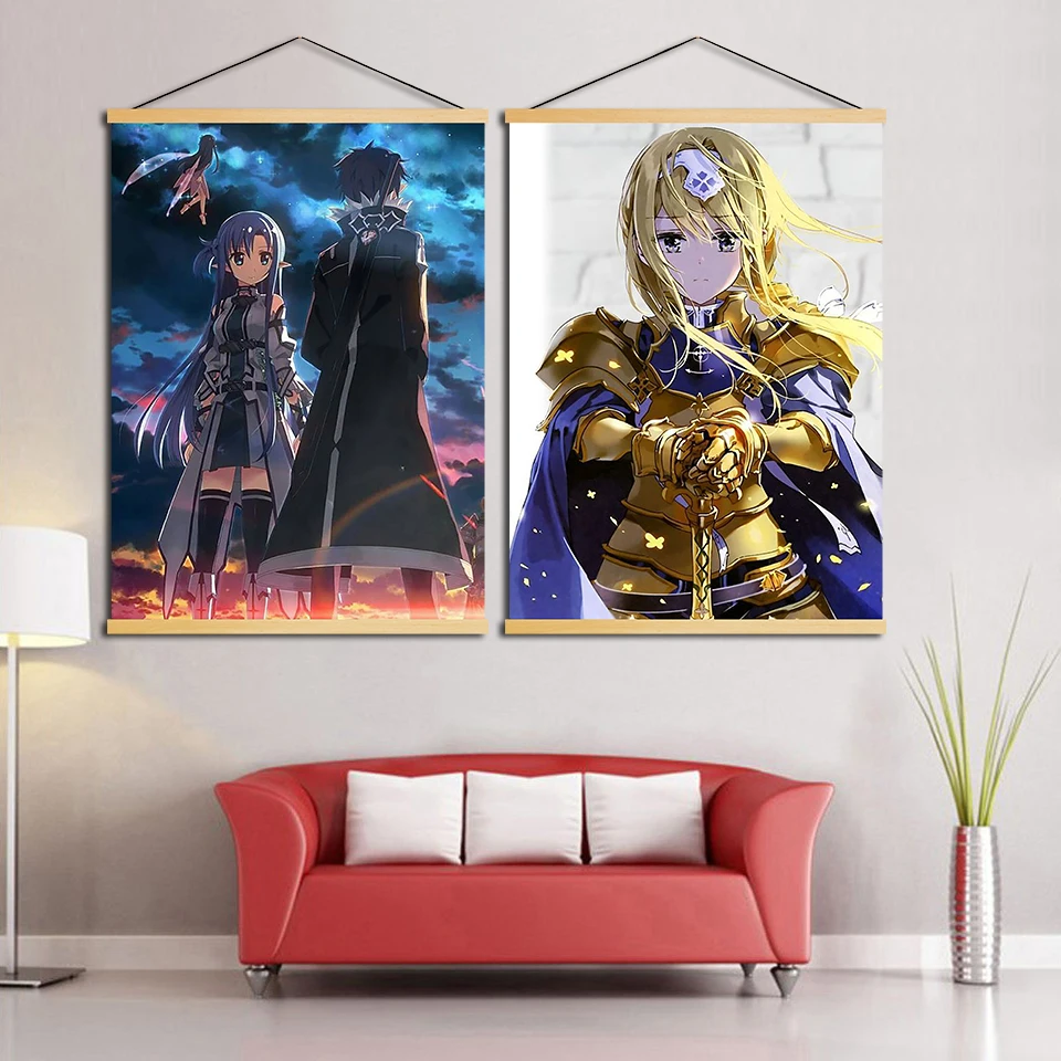 Nordic-Scroll-Modern-Animation-Sword-art-Online-game-Wall-Art-Picture-Canvas-Solid-Wood-Hanging-Painting (1)