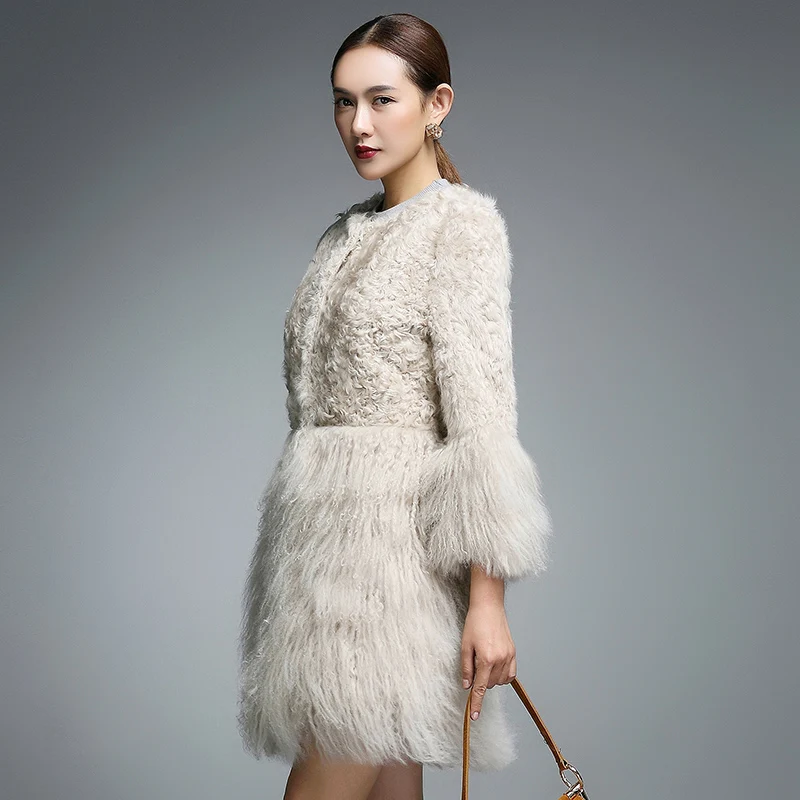 Real Fur Coat for Women Natural Lamb Fur with Mongolia Sheep Fur Coats rf0093B