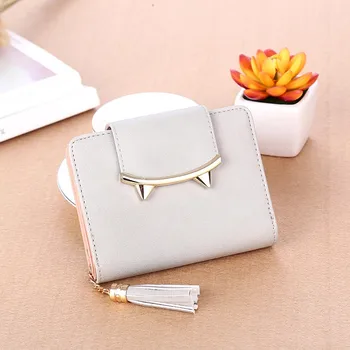 

PU pickup wavy tassel short wallet ladies double fold buckle wallet small slim wallet Tassel Solid Color Coin PurseDropship T619