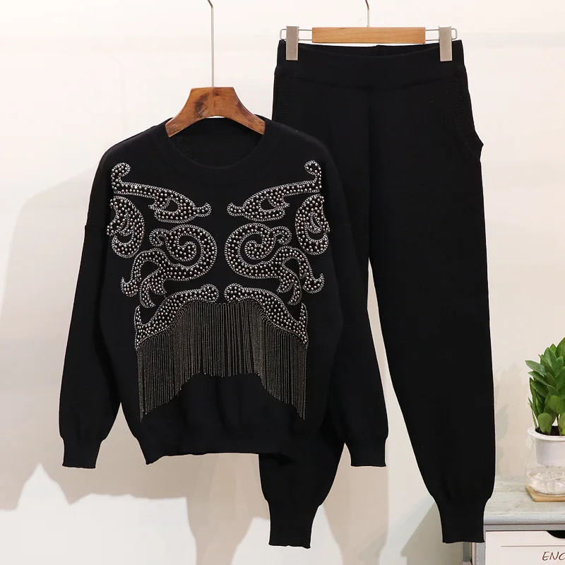 

Amolapha Women Winter Tassel Sweaters Pants Set Handmade Pearls Long Sleeve Knitted Pullover Tops Trousers 2PCS Suits